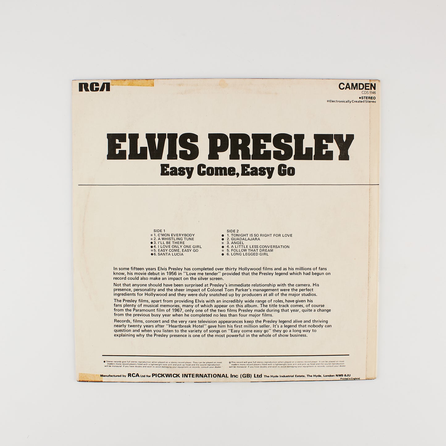Elvis Presley - Easy come, easy go - RCA CAMDEN 1975 - 12'
