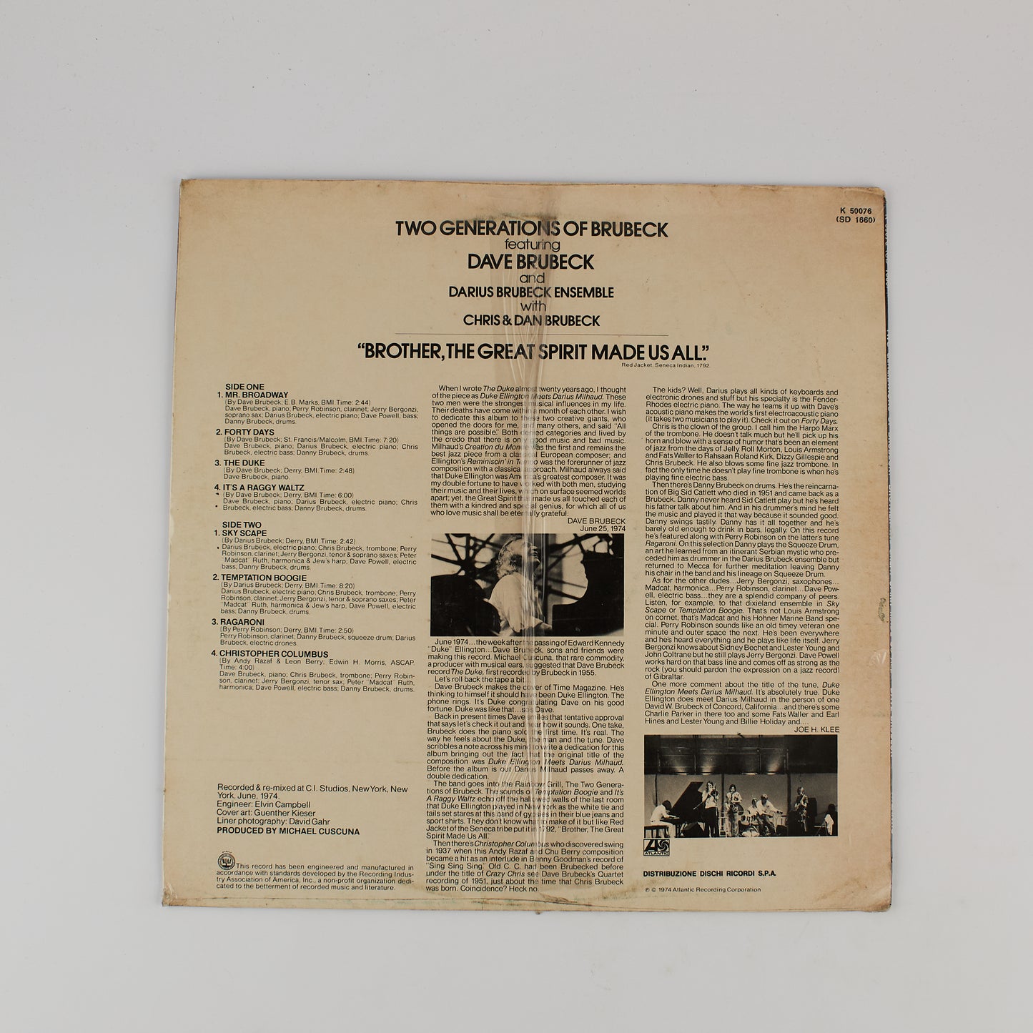 Dave Brubeck - Brother. The Great Spirit Made Us all - 12' Atlantic 1974 - SIGILLATO / SEALED - Jazz