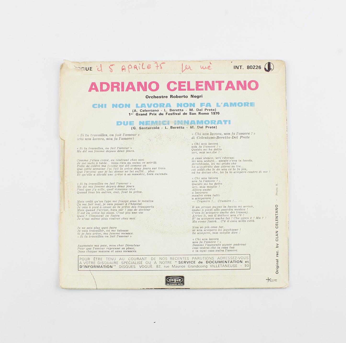 Adriano Celentano - Chi non lavora non fa l'amore - Vogue - 1970 - 45 giri - cantanti italiani