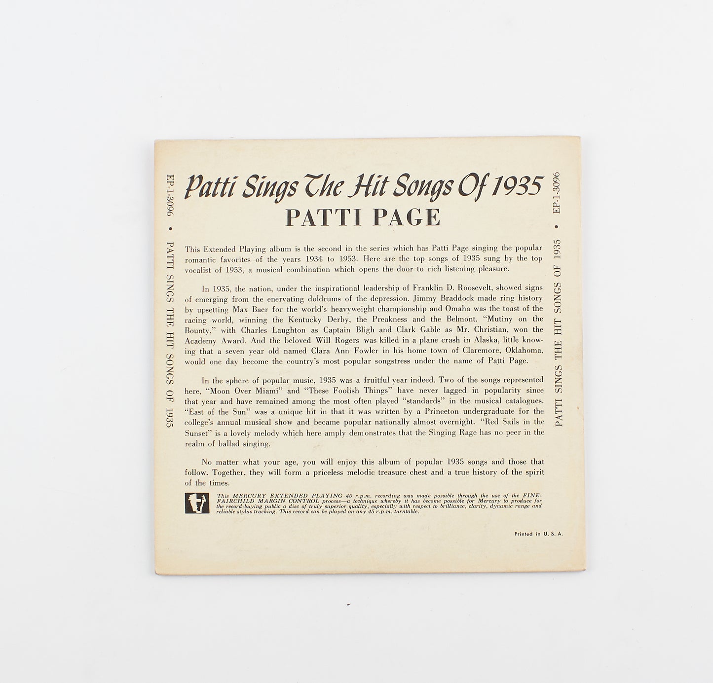 Patti Page - The hit songs of 1935 - Mercury records - 1955 - 45 giri - cantanti internazionali
