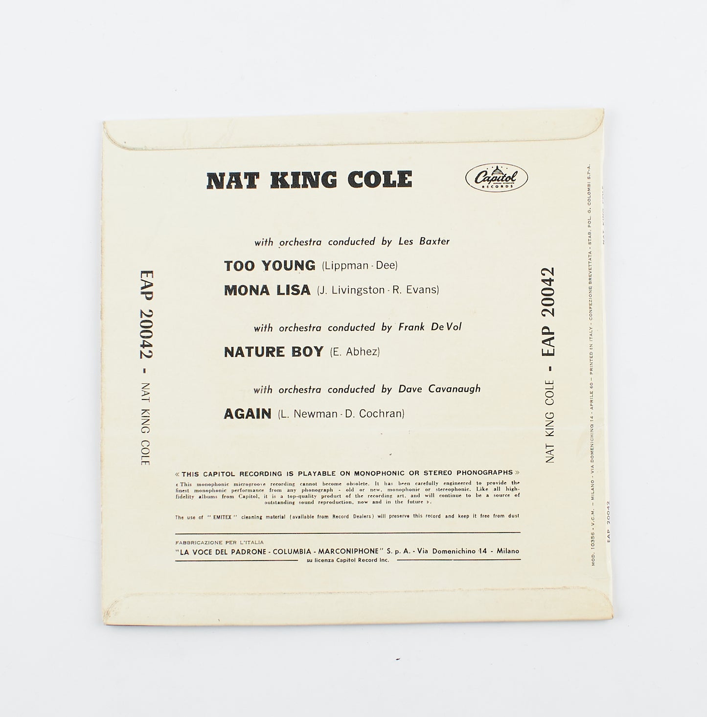 Nat King Cole - Too young / Mona Lisa - Capitol Records - 1960 - 45 giri - cantanti internazionali