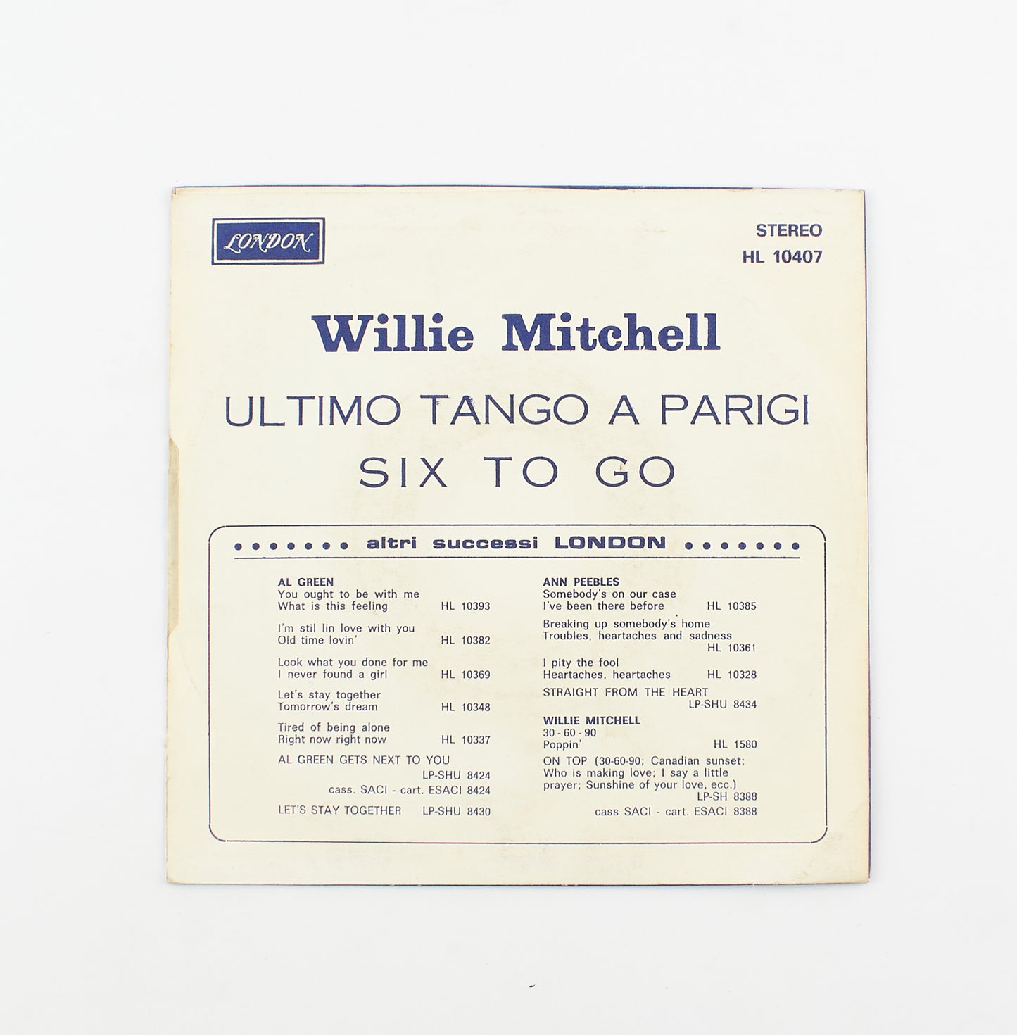 Willie Mitchell - Ultimo tango a Parigi / Six to go - London - 1973 - 45 giri - pop jazz