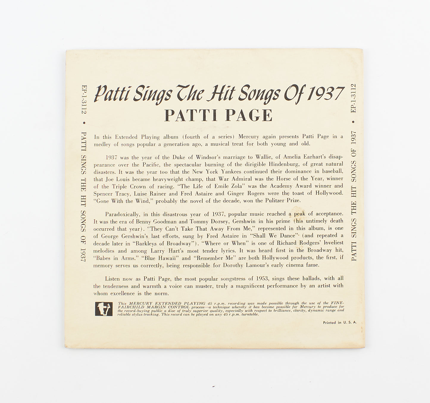 Patti Page - Sings the hit songs of 1937 - Mercury Record - 1953 - 45 giri - cantanti internazionali