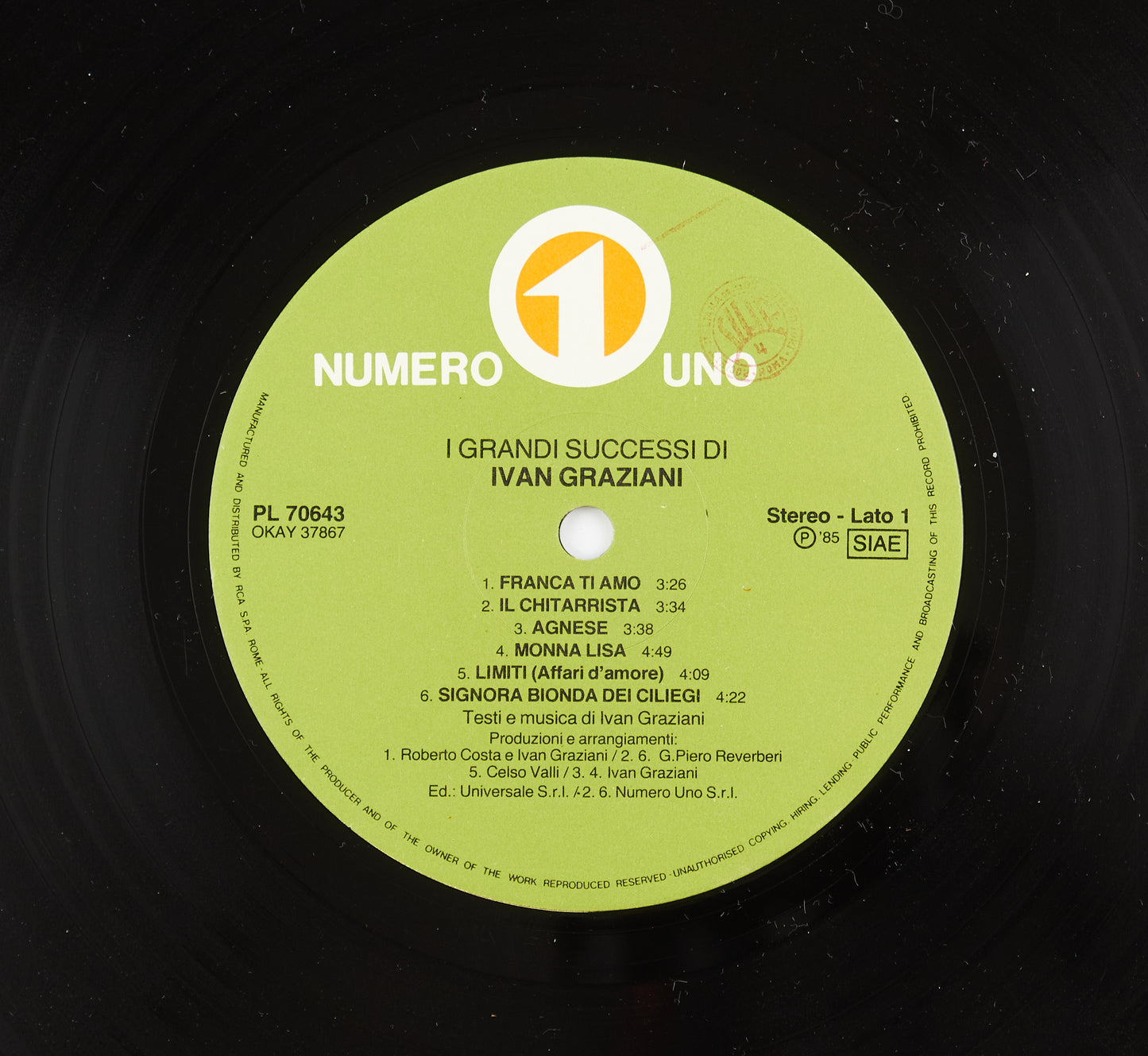 Ivan Graziani - I grandi successi di Ivan Graziani - Numero 1 - 1985 - cantautori italiani - 33 giri