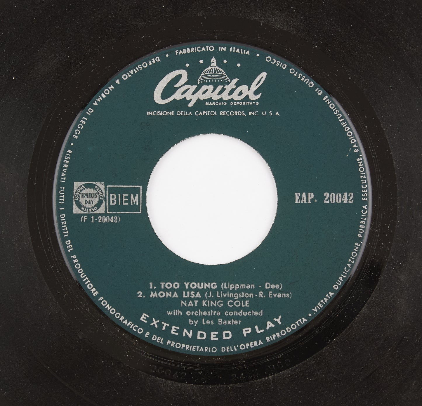 Nat King Cole - Too young / Mona Lisa - Capitol Records - 1960 - 45 giri - cantanti internazionali