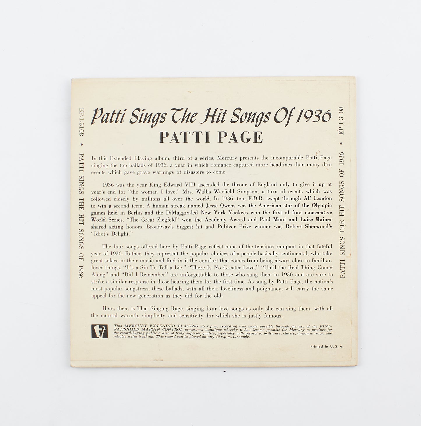 Patti Page - The hit songs of 1936 - Mercury records - 1953 - 45 giri - cantanti internazionali