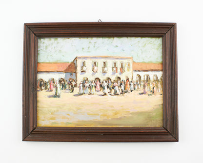 Paesaggio urbano con persone - Olio su cartone seconda metà 1900 - figurativo