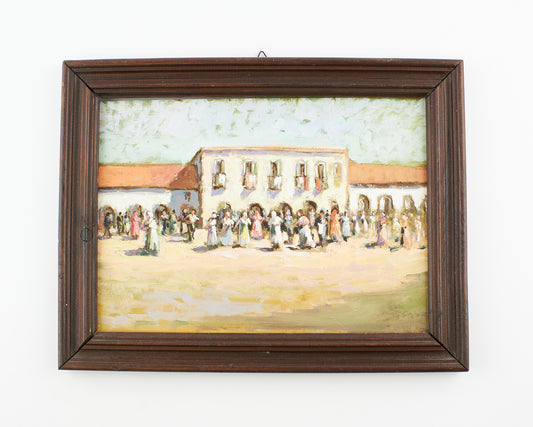 Paesaggio urbano con persone - Olio su cartone seconda metà 1900 - figurativo