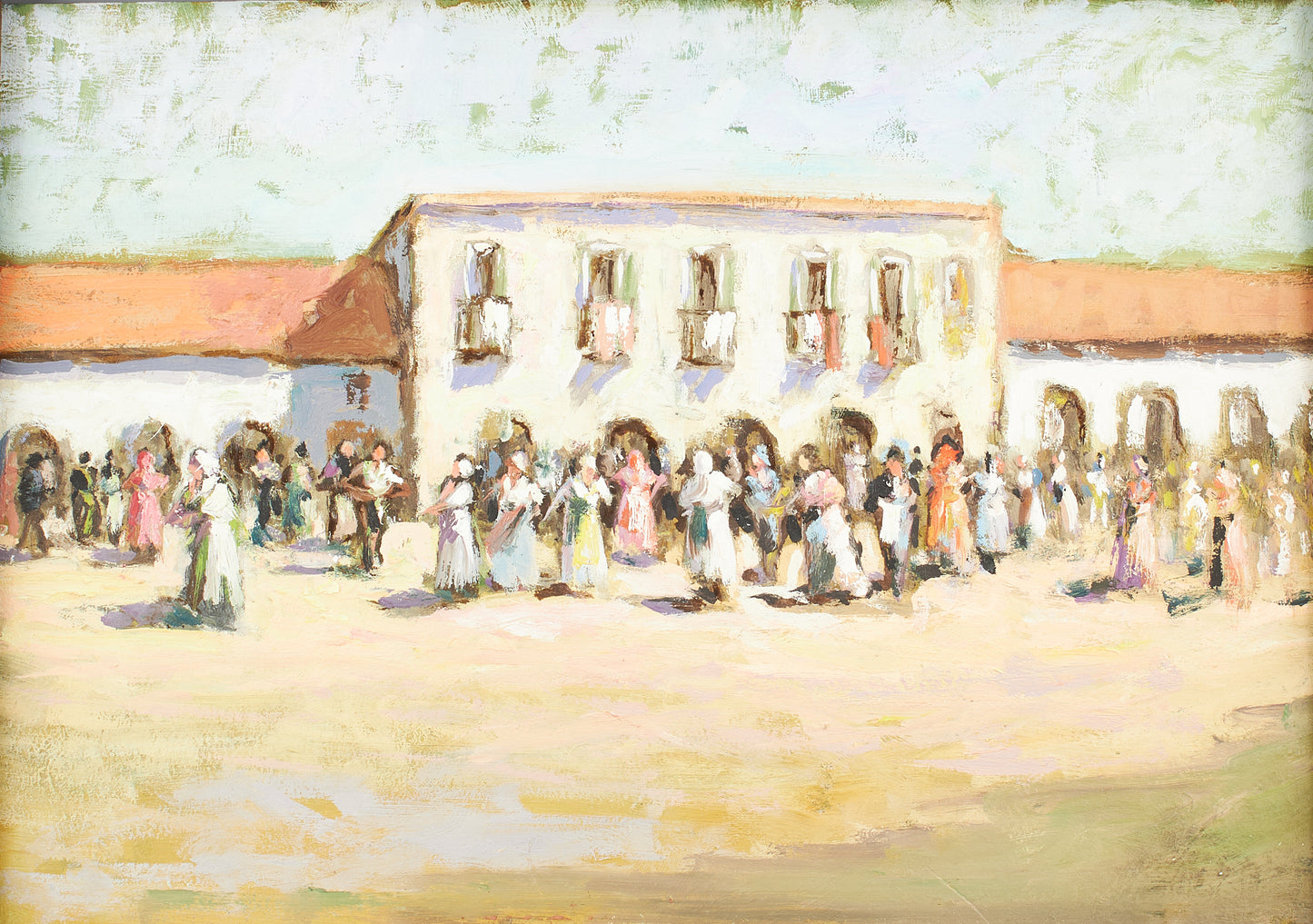 Paesaggio urbano con persone - Olio su cartone seconda metà 1900 - figurativo