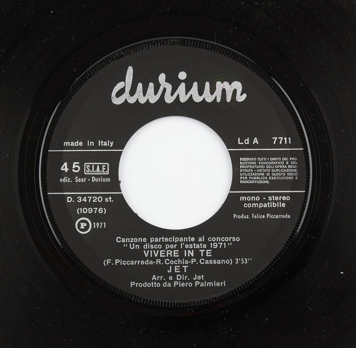 Jet - Vivere in te / Uomo - Durium - 1971 - 45 giri - pop prog