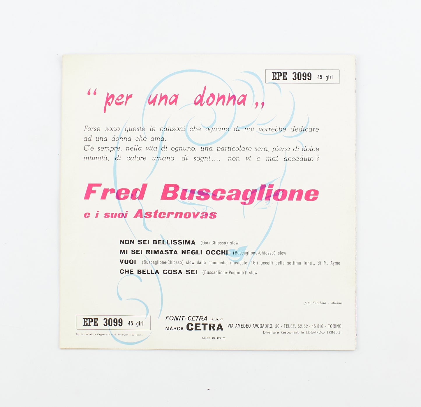 Fred Buscaglione - Per una donna - Cetra - 1959 - 45 giri - cantautori italiani