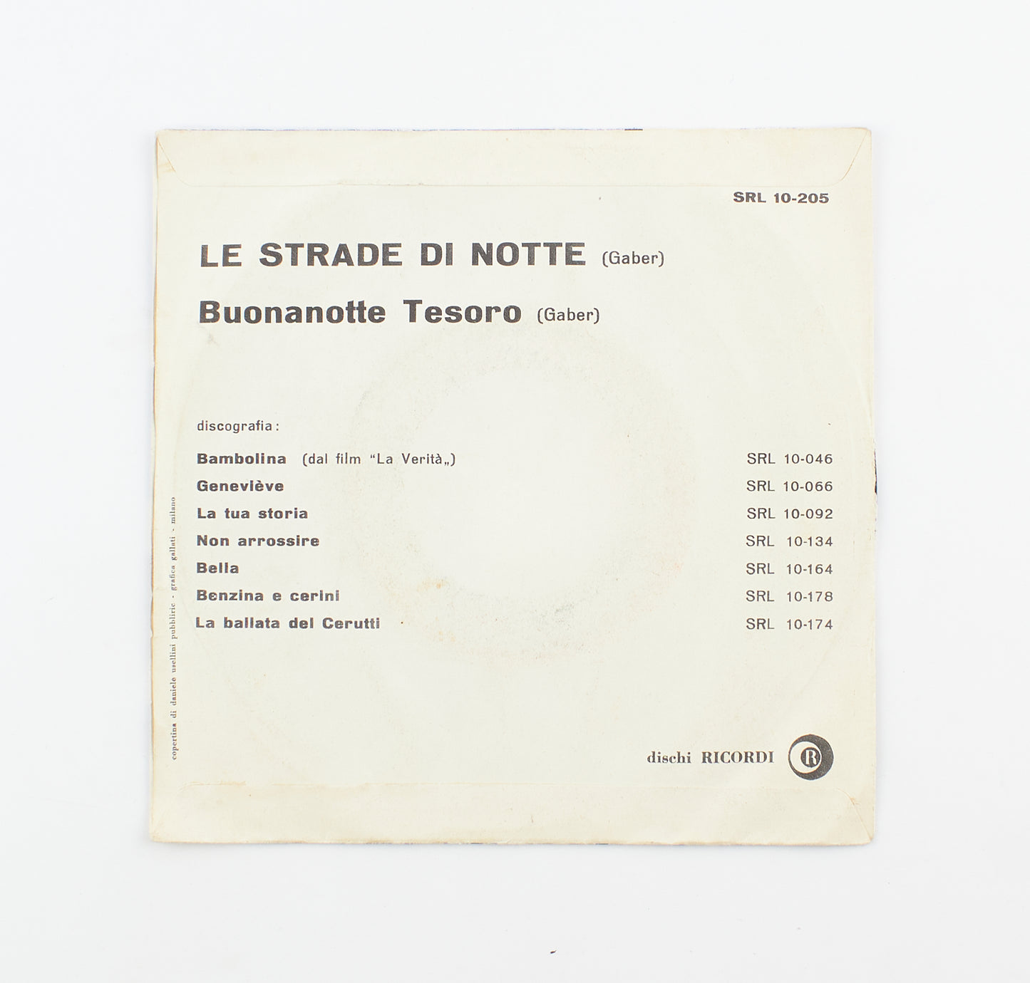Giorgio Gaber - Le strade di notte - Ricordi - 1961 - 45 giri - cantautori italiani