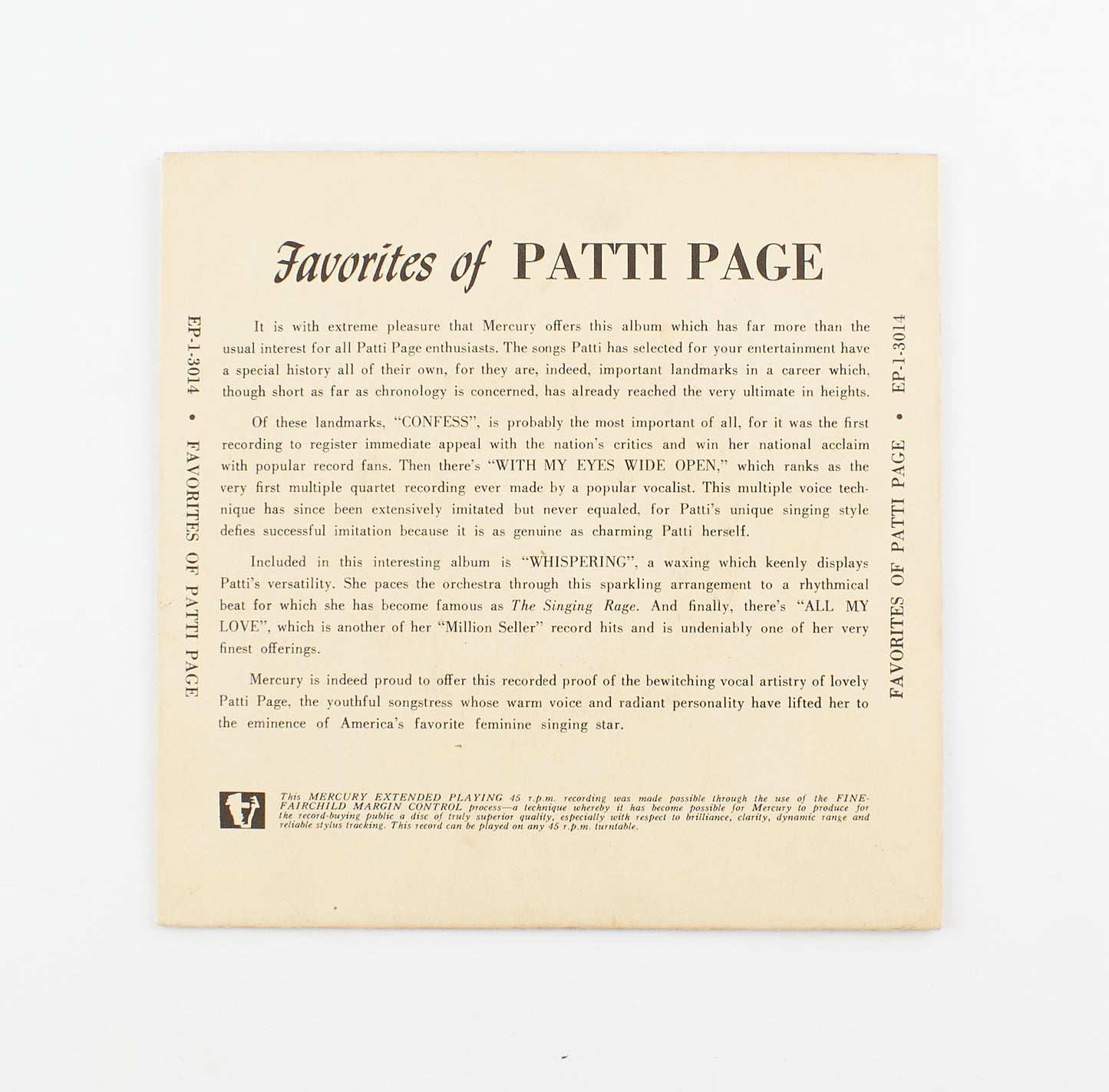 Patti Page - Favorities of: Confess - Mercury Record - 1950 - 45 giri - cantanti internazionali