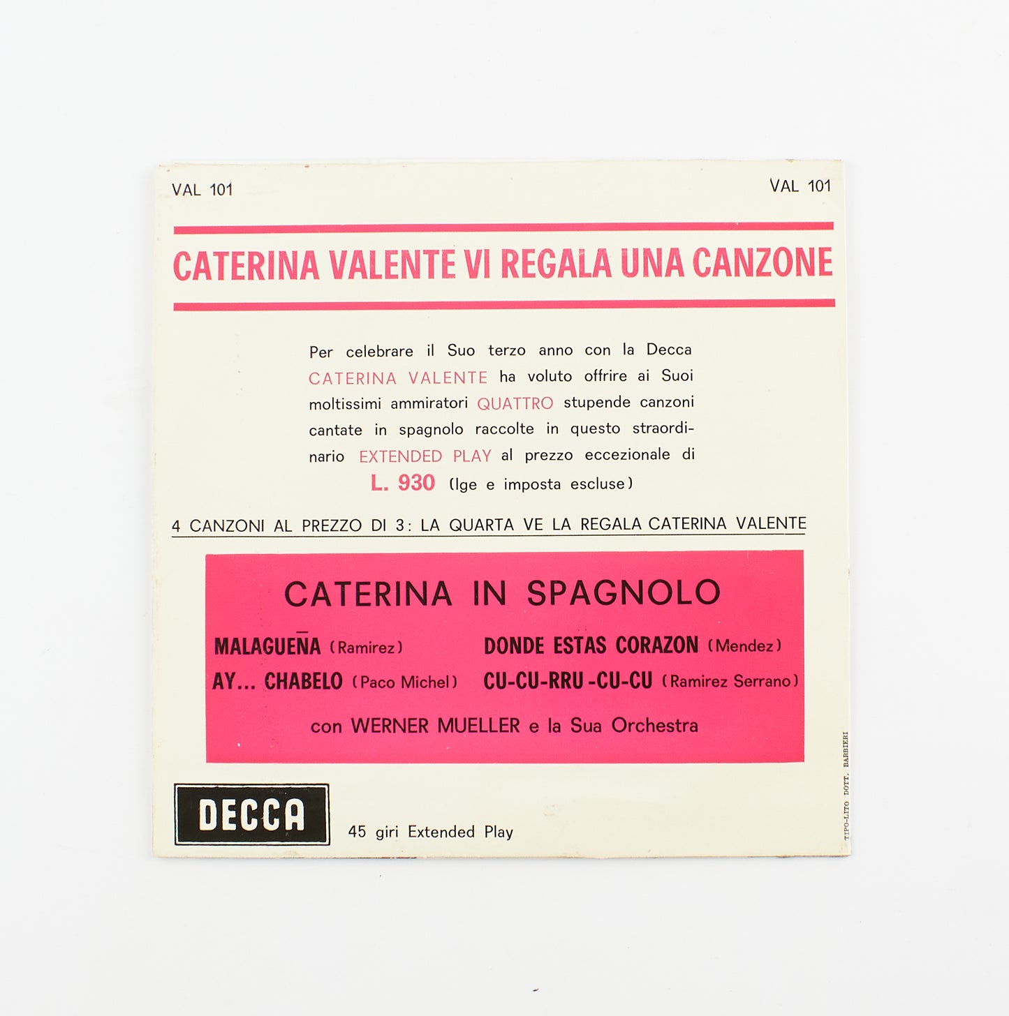 Caterina Valente - Caterina in spagnolo - Decca - 1963 - 45 giri - cantanti internazionali