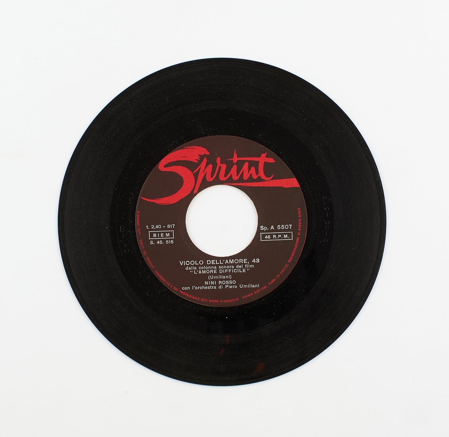 Nini Rosso, Tony Cucchiara - Vicolo dell'amore 43 / Cantu d'amuri - Sprint - 1963 - 45 giri - strumentale
